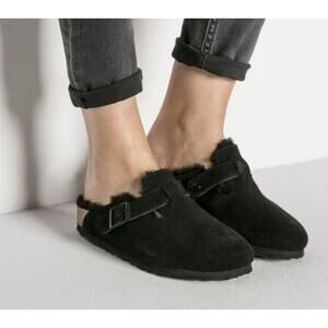 Birkenstock Black Suede Boston Shearling Clog Slip Ons Size EU 38